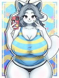 2020s 2025 3:4 absurd_res anthro artist_name big_breasts black_eyes black_nose blue_clothing blush breasts clothing digital_media_(artwork) electronics exposed_breasts female female_only fingers fur genitals grey_hair grey_inner_ear hair hi_res looking_at_viewer mammal multicolored_clothing navel nipples phone pinup pose pussy seductive selfie sexy_eyes solo solo_female solo_focus tem temmie temmie_(undertale) text undertale undertale_(series) underwear vulva white_body white_ears white_fur xiaoticx