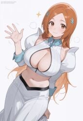 1girls ai_generated arm_behind_back bare_shoulders big_breasts bleach blush breasts brown_eyes cleavage cleavage_cutout closed_mouth clothing clothing_cutout collared_shirt crop_top cropped_shirt detached_sleeves dmk_meow female female_only hair_ornament hairpin halter_shirt hand_up huge_breasts inoue_orihime juliet_sleeves large_breasts light-skinned_female long_hair long_skirt long_sleeves looking_at_viewer midriff navel orange_hair parted_bangs puffy_sleeves shirt skirt skirt_hold sleeveless sleeveless_shirt smile solo sparkle stomach striped_shirt sweat very_long_hair waving white_shirt white_skirt white_sleeves