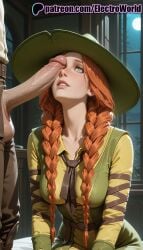 1boy 1girls 2025 ai_generated artist_name bondage bound cock dick electroworld female full_moon green_eyes harry_potter hat hi_res high_quality high_resolution highres hogwarts_legacy mirabel_garlick moon night orange_hair patreon patreon_username penis solo_focus stable_diffusion star_(sky) straight uncensored watermark window