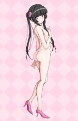 absurdres ass bad_source black_hair blunt_bangs blush breasts completely_nude demon_girl demon_horns demon_tail female from_behind high_heels highres horns kirakiriya looking_at_viewer looking_back nipples nude pink_eyes pussy senki_zesshou_symphogear shiny_skin small_breasts solo standing tail tsukuyomi_shirabe twintails
