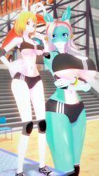 2girls 3d_(artwork) 3d_model animal_ears black_bra black_panties blonde_hair blue_eyes boku_no_hero_academia breasts carrot_(one_piece) colored_skin curvy eyelashes furrowed_brow furry furry_female green_skin height_difference ippan_josei large_breasts medium_breasts multicolored_skin one_piece rabbit_ears rabbit_girl short_hair sports_bra taller_girl two-tone_skin