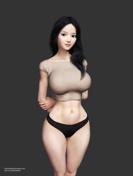 2017 3d asian big_breasts black_hair breasts daz3d dazstudio delicatelime deviantart female female_only genesis3female hands_behind_back hips iray long_hair midriff midriff_baring_shirt oc original_character panties patreon pixiv rin solo solo_female