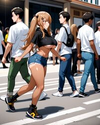 ai_generated runu_sera street twintails ump9_(girls'_frontline) underboob walking