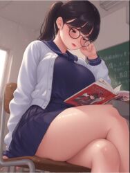 1girls ai_generated board chair chanquazz classroom clothed crossed_legs female female_only glasses reading reading_book school_uniform sitting sitting_on_chair uniform unknown_character