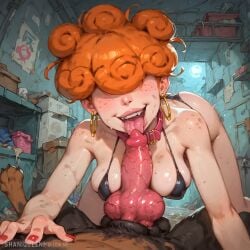 ai_assisted ai_generated black_eyes blowjob blue_fingernails blue_hair canine cartoon cartoon_network collar collar_ring colored_nails double_handjob ed_edd_n_eddy holding_penis hooker kanker_sisters knotted_penis lee_kanker male micro_bikini oral penis pink_collar platform_heels prostitution shaniqueen uncensored zoophilia