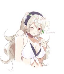 artist_name bikini bikini_top blush breasts cleavage corrin_(female)_(summer)_(fire_emblem) corrin_(fire_emblem) corrin_(fire_emblem)_(female) cute eyebrows_visible_through_hair female fire_emblem fire_emblem_fates fire_emblem_heroes flower hair_ornament hairband headpiece holding holding_bikini_top large_breasts long_hair looking_at_viewer manakete medium_breasts nintendo one_eye_closed pointy_ears red_eyes simple_background smile sobanoodlesoup solo swimsuit teeth tiara tie underwear upper_body watermark wet white_background white_hair