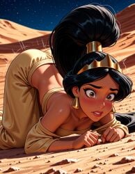 ai_generated all_fours ass bare_shoulders biting_own_lip black_hair blush breasts brown_eyes brown_lips cleavage clothing crown dark-skinned_female dark_skin desert disney disney_channel disney_princess earrings female jewelry jousneystudio lips long_hair medium_breasts night night_sky off-shoulder_shirt off_shoulder outdoors pants parted_lips patreon ponytail princess_jasmine red_lips sand shirt skirt sky solo star_(sky) starry_sky teeth tiara top-down_bottom-up trembling yellow_pants yellow_skirt