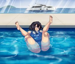 1girls anji_(mk001black) blue_eyes female flat_chest mk001black original original_character solo spread_legs swimming_pool swimsuit teenager