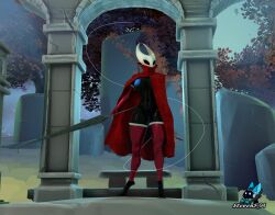 absurd_res anthro arthropod blue_nipples blue_vulva cape clothing female forest genitals hi_res hollow_knight:_silksong hollow_knight_(franchise) hornet's_needle hornet_(hollow_knight) huge_filesize insects legwear nipples pillar plant red_cape red_clothing solo stevenf94 stockings team_cherry tree vulva