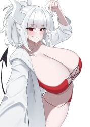 1girl 1girls apron big_breasts black_tail blush breasts cleavage demon_girl demon_horns demon_tail grin helltaker horns huge_breasts long_hair looking_at_viewer lucifer_(helltaker) mole mole_under_eye open_clothes open_shirt ponytail red_eyes red_shirt shirt smile tagme tail white_background white_hair