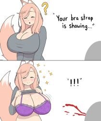 1girl 1other :o ? anon black_eyes blush fox_girl fox_tail half-closed_eyes huge_breasts lifted_by_self lingerie_bra long_hair mole mole_on_breast nanako_(xrayuri) naughty_face nosebleed original original_character pink_hair pink_tail purple_bra seducing_another seductive smile sparkles sweater_lift upper_body upper_teeth xrayuri