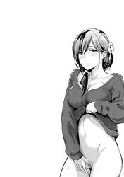 1girls big_breasts blush clothing hairy_pussy half-dressed half_dressed half_naked hips masturbation messy_hair nanako napata_(artist) ponytail skinny solo stomach sweat sweatdrop sweater sweater_lift thighs