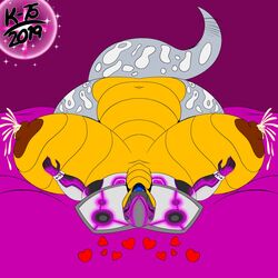 2019 acoustic_monster bed big_breasts breasts cadenza_vivace closed_eyes cobra cybernetics cyborg female heart hi_res hyper invalid_tag kaithunderstone75 lactating lying navel nude on_back open_mouth overweight pattern pink_background reptile scales scalie signature simple_background snake solo sparkles speaker tailwag yellow_belly yellow_scales