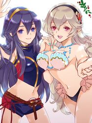 2girls bikini blue_eyes blue_hair breasts corrin_(fire_emblem) corrin_(fire_emblem)_(female) female fingerless_gloves fire_emblem fire_emblem_awakening fire_emblem_cipher fire_emblem_fates gloves hair_between_eyes hair_ornament hairband long_hair looking_at_viewer lucina_(fire_emblem) manakete multiple_girls navel nintendo open_mouth pointy_ears red_eyes renkonmatsuri shell shell_bikini shorts silver_hair smile swimsuit tiara