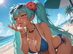 1girls ai_generated aqua_eyes aqua_hair background bangs bangs_between_eyes beach beads belly big_breasts bikini bikini_bottom bikini_tan bikini_top birds blue_bikini blush bracelet brazilian_female brazilian_miku buildings cleavage clouds covered_in_cum cum cum_drip cum_dripping_from_mouth cum_in_mouth cum_on_arm cum_on_breasts cum_on_face cum_on_hair cum_on_hand cum_on_tongue daskakauko day daylight daytime detailed_background earrings eating_cum eyewear_on_head flower_in_hair human human_only kneeling large_breasts licking_cum long_hair mountainous_horizon navel_piercing nipples_visible_through_bikini nipples_visible_through_clothing ocean on_knees palm_tree sand sea shirt_lift solo solo_female sun sunglasses sweat sweaty_body tan-skinned_female tan_body tan_skin thong_straps twintails