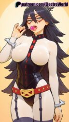 1girls 2025 ai_generated artist_name black_hair black_nails boku_no_hero_academia breasts bust candy chest cuffs domino_mask electroworld female food garter_straps handcuffs hi_res high_quality high_resolution highres impossible_clothes jewelry lollipop long_hair my_hero_academia nail_polish nemuri_kayama patreon patreon_username pink_nails red_nails solo stable_diffusion thighhighs tongue tongue_out watermark yellow_background