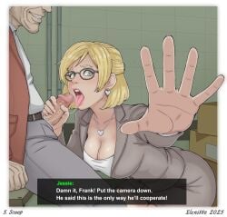 blazer blonde_hair blush capcom caught_in_the_act cleavage cock dated dead_rising earrings elznikke glasses green_eyes handjob huge_breasts jessica_mccarney jessie_mccarney licking_penis locker_room necklace old_male older_male older_male_and_younger_female open_mouth precum pubes saliva surprised trying_to_cover_up unzipped