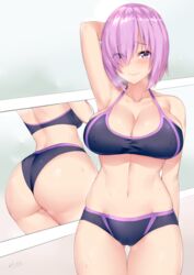 1girls abs alternative_costume archway_of_venus arm_behind_head armpits artist_name ass back bangs bare_shoulders bikini blush breasts cameltoe clavicle cleavage curvaceous erect_nipples erect_nipples_under_clothes eyebrows_visible_through_hair eyes_visible_through_hair fate/grand_order fate_(series) female female_only gluteal_fold groin hair_over_one_eye halterneck heavy_breathing high_resolution hips huge_ass kuavera large_breasts large_filesize lavender_hair legs looking_at_viewer mash_kyrielight midriff multiple_views navel nipples one_arm_up patreon_reward purple_bikini purple_eyes purple_hair purple_swimsuit short_hair signature smile solo sports_bra standing stomach sweat swimsuit text thick_thighs thigh_gap thighs very_high_resolution watermark wide_hips