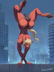 absurd_res animal_genitalia animal_penis anthro anus ass balls big_balls blonde_hair blue_eyes breasts brown_balls city cityscape equid equine equine_genitalia equine_penis erection genitals gynomorph hair handstand hi_res hooves horse intersex mammal muscular penis puffy_anus red_body unguligrade