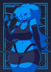 1girls 5_fingers artist_name background black_clothing black_pants black_shirt blue_eyes blue_eyes_female blue_hair blue_hair_female blue_skin blue_tongue breasts cassie_(lemonadelust) clothed clothed_female envylemonade female female_focus female_only fingerless_gloves fingers gloves hair_over_one_eye handwear handwear_only huge_breasts huge_thighs large_breasts long_hair long_sleeve_gloves looking_at_viewer no_pupils oc one_eye_covered one_eye_obstructed one_hand_up open_mouth original original_character solo solo_female teeth thighs tongue watermark waving_at_viewer