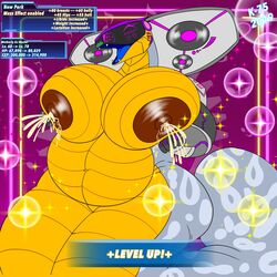 2019 acoustic_monster anthro belly big_breasts blue_tongue breasts cadenza_vivace closed_eyes cobra cybernetics cyborg dj fangs female glistening hi_res holding_breast hood kaithunderstone75 lactating level_up milk musical_note naga nipples open_mouth overweight pink_background pink_eyes reptile scales scalie simple_background snake solo sparkles speaker stats tongue wide_hips yellow_belly yellow_scales