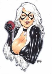 2017 arms_under_breasts ball_of_yarn big_breasts black_cat_(marvel) black_choker black_clothes black_clothing blue_eyes breasts busty choker cleavage clothed curvy dated domino_mask ed_benes_studio felicia_hardy female female_only fred_benes fur holding_object human long_hair marvel mask pinup red_lips red_lipstick signature simple_background solo spider-man_(series) superheroine tight_clothing traditional_media_(artwork) voluptuous white_background white_fur white_hair yarn