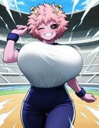 1girls ai_generated alternate_breast_size alternate_costume atomic_blue64 bangs big_breasts black_sclera blush breasts clenched_teeth clothing curvy day eyelashes female female_focus female_only gigantic_breasts hips horn huge_breasts human large_breasts looking_at_viewer messy_hair mina_ashido my_hero_academia one_eye_closed outdoors pants parted_lips pink_hair pink_skin pinup pixai running short_hair short_sleeves smile solo solo_female stadium sweatpants t-shirt teeth thick_thighs thigh_gap thighs voluptuous wide_hips wink workout workout_clothes wristband yellow_eyes