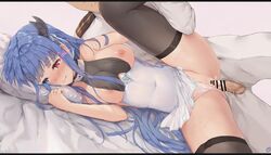 1boy azur_lane bangs bar_censor bare_shoulders black_legwear blue_eyes blush breasts censored clenched_teeth commander_(azur_lane) covered_navel envyvanity eyebrows_visible_through_hair female glowing glowing_eyes heterochromia horns ibuki_(azur_lane) jewelry large_breasts leg_up long_hair looking_away lying nipples nose_blush on_bed on_side panties panties_aside parted_lips penis pillow red_eyes ring sex sidelocks signature solo_focus straight sweat tears teeth thighhighs underwear vaginal_penetration very_long_hair wedding_ring white_panties