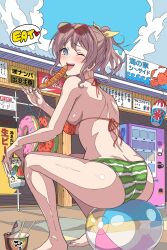 1girl ass ass_focus bang_dream! beach beach_ball bikini blush breasts female from_behind full_body holding_can hot_dog inner_tube large_ass large_breasts legs_apart licking looking_back one_eye_closed open_mouth sittinf smile soda soda_can solo spoken_heart suggestive_food vending_machine watermelon_print yamabuki_saaya