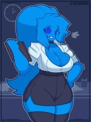 1girls 4_fingers artist_name background blue_eyes blue_hair blue_skin breasts cassie_(lemonadelust) clock clothed clothed_female desk envylemonade female female_focus female_only fingers hair_over_one_eye hand_on_hip holding_object huge_thighs large_breasts leggings long_hair looking_at_viewer oc office office_lady one_eye_covered one_hand_on_hip original original_character paper pencil pens skirt solo solo_female teeth thick_thighs thighs