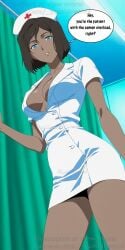 _yumidreams ai_generated avatar_legends blue_eyes cleavage dark-skinned_female dark_skin english_text female highres hospital korra looking_down neckline nurse nurse_cap nurse_clothing nurse_hat nurse_headwear nurse_outfit nurse_uniform pov short_dress short_hair speech speech_bubble speech_bubbles the_legend_of_korra thighs tight_clothing tight_dress tight_fit