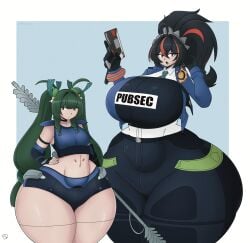 2girls ass ass_visible_from_the_front big_ass big_breasts black_hair bottom_heavy breasts bubble_butt clothing fat_ass female female_only fiffer green_hair gun height_difference huge_ass human large_ass looking_at_viewer massive_ass massive_thighs pistol png police police_uniform policewoman ponytail qingyi_(zenless_zone_zero) robot robot_girl staff thick_ass thick_thighs thunder_thighs twintails weapon wide_hips zenless_zone_zero zhu_yuan