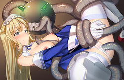 areolae blonde_hair blue_shirt blush breasts clothing commentary_request cum cum_in_pussy cum_inside enemy_naval_mine_(kantai_collection) female fletcher_(kantai_collection) gloves kantai_collection large_breasts long_hair nipples off_shoulder pallad panties panties_aside penetration purple_eyes pussy restrained restrained_by_tentacles sailor_collar school_uniform serafuku shinkaisei-kan shirt spread_legs tears tentacle tentacle_between_breasts tentacle_in_pussy tentacle_paizuri tentacle_sex tentacles_around_legs tentacles_around_wrists thighhighs vaginal_penetration white_gloves white_legwear