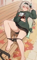 anal anal_object_insertion anal_tail bare_legs barefoot bench black_hairband black_panties black_skirt bug butt_plug butterfly closed_eyes fake_tail feet female firefly_(honkai:_star_rail) gradient_hair grey_hair hairband highres honkai:_star_rail honkai_(series) long_sleeves multicolored_hair ninai object_insertion on_bench panties park park_bench ribbon sex_toy skirt sleeping sweater tail underwear wooden_bench
