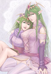 2girls breasts cape cleavage clothing detached_sleeves duo female fire_emblem fire_emblem:_mystery_of_the_emblem fire_emblem:_new_mystery_of_the_emblem fire_emblem:_shadow_dragon fire_emblem:_shadow_dragon_and_the_blade_of_light green_eyes green_hair headdress kinoeneko large_breasts long_hair mamkute manakete multiple_girls nagi_(fire_emblem) nintendo pointed_ears ponytail see-through sitting skirt smile thighhighs thighs tied_hair tiki_(fire_emblem) tiki_(young)_(fire_emblem) time_paradox transparent_clothing zettai_ryouiki