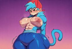 1girls abs ai_generated alternate_species athletic athletic_female big_breasts black_eyes black_eyes_female blue_fur blue_hair blue_hair_female blue_pants boyfriend_(friday_night_funkin) crossover crossover_transformation dragon_ball dragon_ball_gt exposed_breasts female female_focus female_only friday_night_funkin fur huge_ass illustrious_(stable_diffusion) large_areolae monkey_tail motion_lines muscular muscular_female no_sclera rule_63 saiyan saiyan_girl saiyan_tail self_upload solo solo_female solo_focus super_saiyan_4 sweat sweating sweaty sweaty_body sweaty_breasts tagme tail thick_ass thick_thighs tight_clothing toei_animation video_game_character video_game_franchise weird_crossover yamathegod_(style)