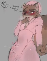 absurd_res anthro balls balls_outline big_bad_wolf_(shrek) blush bodily_fluids brown_body brown_fur bulge canid canine canis clothed clothing crossdressing detailed_bulge digital_media_(artwork) dreamworks ear_blush english_text erection erection_under_clothing femboy fur genital_fluids genital_outline genitals hat headgear headwear hi_res humanoid_genitalia humanoid_penis male mammal nightcap nightgown open_mouth penis penis_outline pink_clothing precum precum_squirt precum_through_clothing raised_tail shrek_(series) simple_background solo tail text thewolvenmisfit translucent translucent_clothing wet wet_clothing wolf yellow_eyes