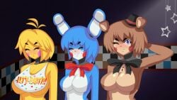 3girls alternate_breast_size android animatronic anthro bear_girl big_breasts blue_body blue_fur blue_hair blue_skin bonnie_(fnaf) bonnie_(fnia) bow bowtie breasts brown_body brown_fur brown_hair bunny_ears bunny_girl bunny_tail bunnygirl camera camera_view chica_(fnaf) chica_(fnia) chicken_girl cleavage ear featureless_breasts female female_only five_nights_at_freddy's five_nights_in_anime five_nights_in_anime_2 five_nights_in_anime_rebooted fnaf fnia freckles freckles_on_face freddy_(fnia) furry gameplay_mechanics gigantic_breasts green_eyes huge_breasts multiple_girls no_nipples open_mouth pose posing rabbit rabbit_girl red_panties red_thong ribbon robot robot_girl robot_humanoid seductive stage thighs thong toy_bonnie_(fnaf) toy_bonnie_(fnia) toy_chica_(fnaf) transparent_background white_body white_fur white_skin yellow_body yellow_hair yellow_skinned_female