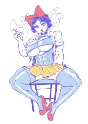 abs cigarette corrupted corruption disney disney_princess eyeshadow fake_breasts latex lipstick miniskirt nipples nipples_visible_through_clothing seepingooze sitting six_pack sketch smoking snow_white_(disney) snow_white_and_the_seven_dwarfs spread_legs student thighhighs unbuttoned_shirt
