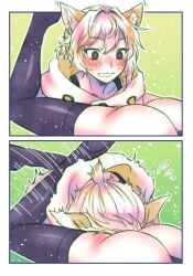 1boy 1boy1girl 2koma ass blush blush_lines cat_ears catboy comic excited face_in_ass female indie_virtual_youtuber leg_lock leglock meme mr_chicken_nuggets(vtuber) pulled_by_another thigh_high_boots thigh_highs twink vtuber yashuring