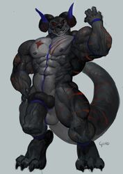 animal_genitalia animal_penis anthro balls big_penis dragon equine_penis goroguro hi_res horn horsecock hybrid_penis knot knotted_equine_penis looking_at_viewer male male_only muscular muscular_male pecs penis scalie scar solo standing thick_penis vein