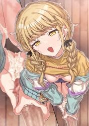 1boy aqua_jacket black_ribbon blonde_hair blush braid breasts censored clothes_lift commentary_request cum cum_on_body cum_on_hands erere female from_above fujita_kotone gakuen_idolmaster hair_ribbon handjob idolmaster jacket long_hair long_sleeves medium_breasts mosaic_censoring multiple_views nipples oerba_yun_fang open_mouth penis ribbon shirt shirt_lift smile solo_focus straight twin_braids yellow_eyes yellow_shirt