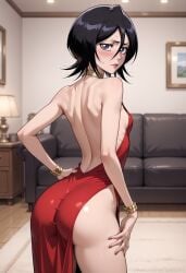 1girls ai_generated ambrose ass ass_focus back_view big_ass black_hair bleach blush bracelet breasts choker dress embarrassed evening_gown female female_only gold_jewelry indoors kuchiki_rukia light-skinned_female petite purple_eyes red_lipstick self_upload short_hair slit_dress small_breasts solo stable_diffusion thick_thighs