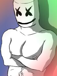 1boy anthro bara chris_comstock edm fortnite humanoid lower_body_out_of_frame male_only marshmello muscle muscles muscular muscular_male musician nipples nude pecs real_person solo tagme video_games white_skin