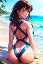 1girls ai_generated alluring anime anime_girl ass_focus babe back_turned backside bangs beach beautiful beautiful_females big_ass black_hair_female busty clouds curvy_figure fantasy inuyasha japanese kikyo looking_back_at_viewer lovely palm_tree plant seaside sexy sitting_down stable_diffusion summer swimsuit toongenai waves