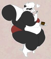 2025 absurd_res anthro bedroom_eyes belly_rolls cake clothing cutlery dessert eyewear female food fork glasses hi_res kitchen_utensils lingerie mammal mephitid narrowed_eyes obese obese_female overweight overweight_female puhba sabrina_(sabrina_online) sabrina_online seductive skunk solo tools wearing_glasses