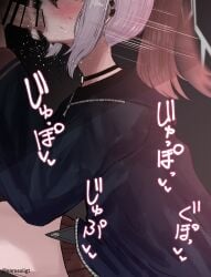 1boy absurdres afterimage bar_censor black_choker black_hair black_hoodie blue_archive blush censored choker earclip earosoligt erection fellatio female from_side highres hood hoodie kayoko_(blue_archive) long_sleeves motion_lines multicolored_hair oral penis solo_focus straight two-tone_hair white_hair