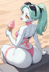 1girls ai_generated ambrose back_view beach big_ass bikini cyberpunk:_edgerunners cyborg green_hair ice_cream looking_at_viewer outdoors ponytail rebecca_(edgerunners) red_eyes self_upload shortstack sitting small_breasts smug_face stable_diffusion sticking_out_tongue tattoo thick_thighs white_skin wide_hips
