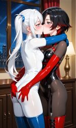 ai_generated bodysuit elbow_gloves female_only fingering kissing ruby_rose rwby thighhighs weiss_schnee yuri