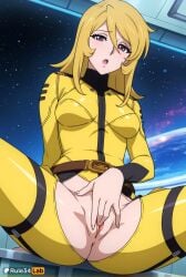 1girls ai_generated anus belt blonde_hair blush bodysuit breasts female_masturbation fingering hair_between_eyes hi_res long_hair looking_at_viewer masturbation medium_breasts military_uniform open_mouth purple_eyes pussy rule34lab sitting solo space space_battleship_yamato space_battleship_yamato_2199 spread_legs uncensored uniform yellow_bodysuit yuki_mori